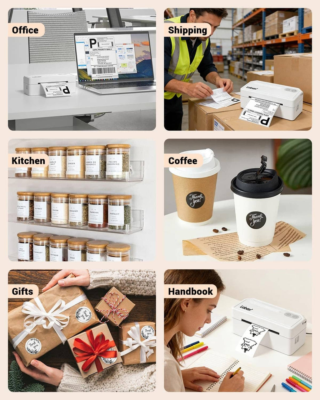 Thermal label printer used for office, shipping, kitchen, coffee, gifts, and handbook labeling
