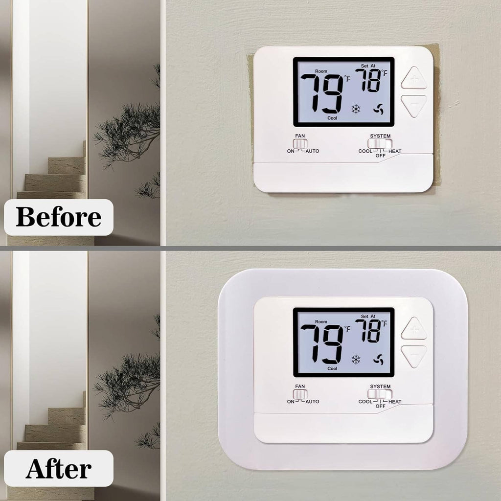 Off-white thermostat wall plate cover installed over a thermostat faceplate