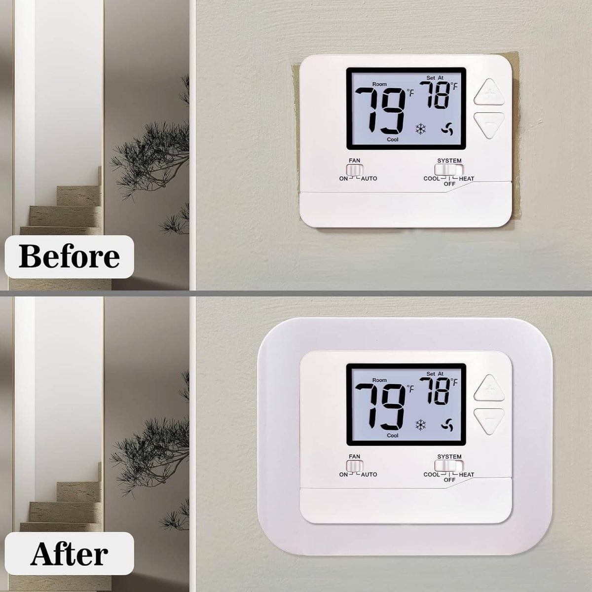 Off-white thermostat wall plate cover installed over a thermostat faceplate