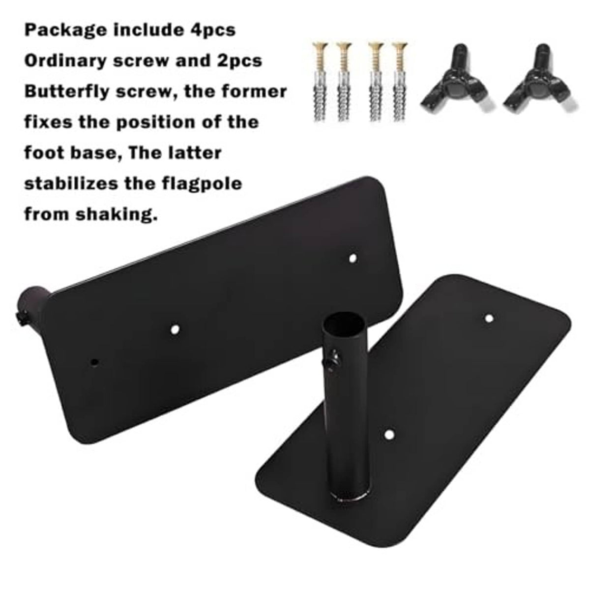 Black metal flag pole tire mount bases, includes screws and butterfly screws