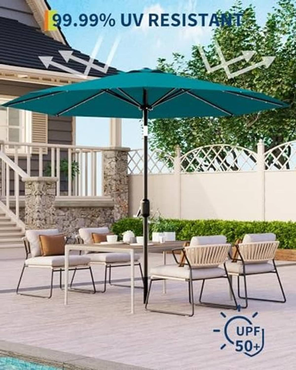 Teal patio umbrella with central pole, sturdy ribs, and solar lighting
