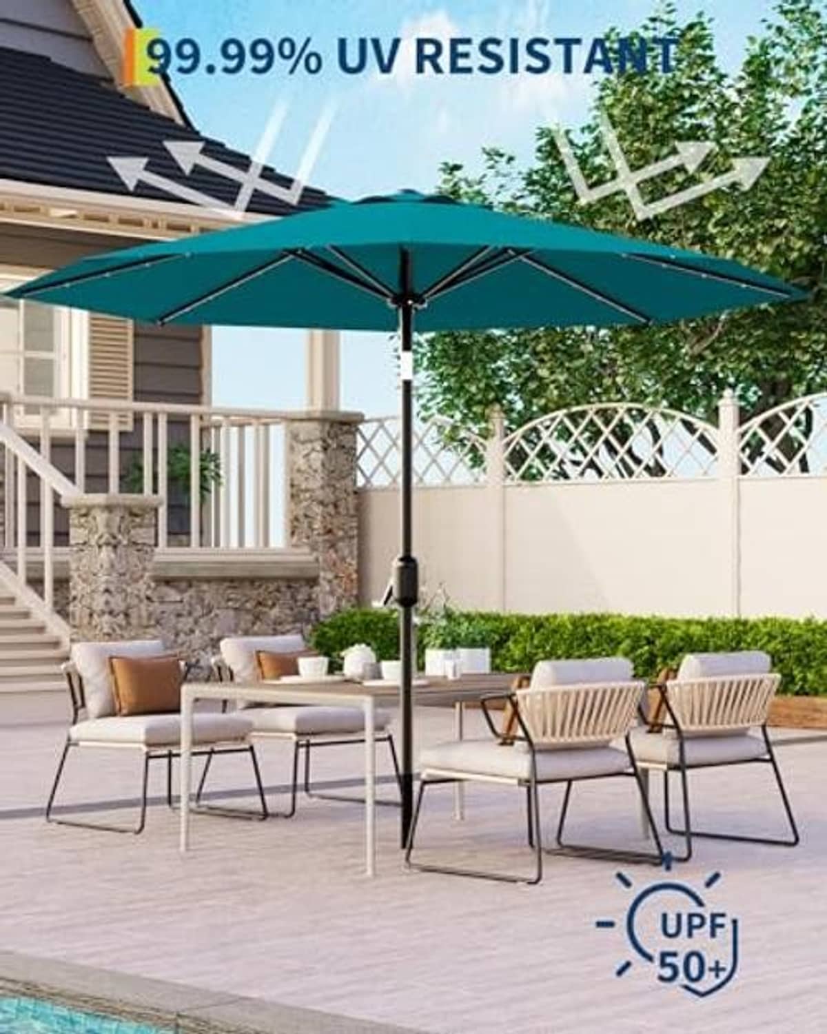 Teal patio umbrella with central pole, sturdy ribs, and solar lighting