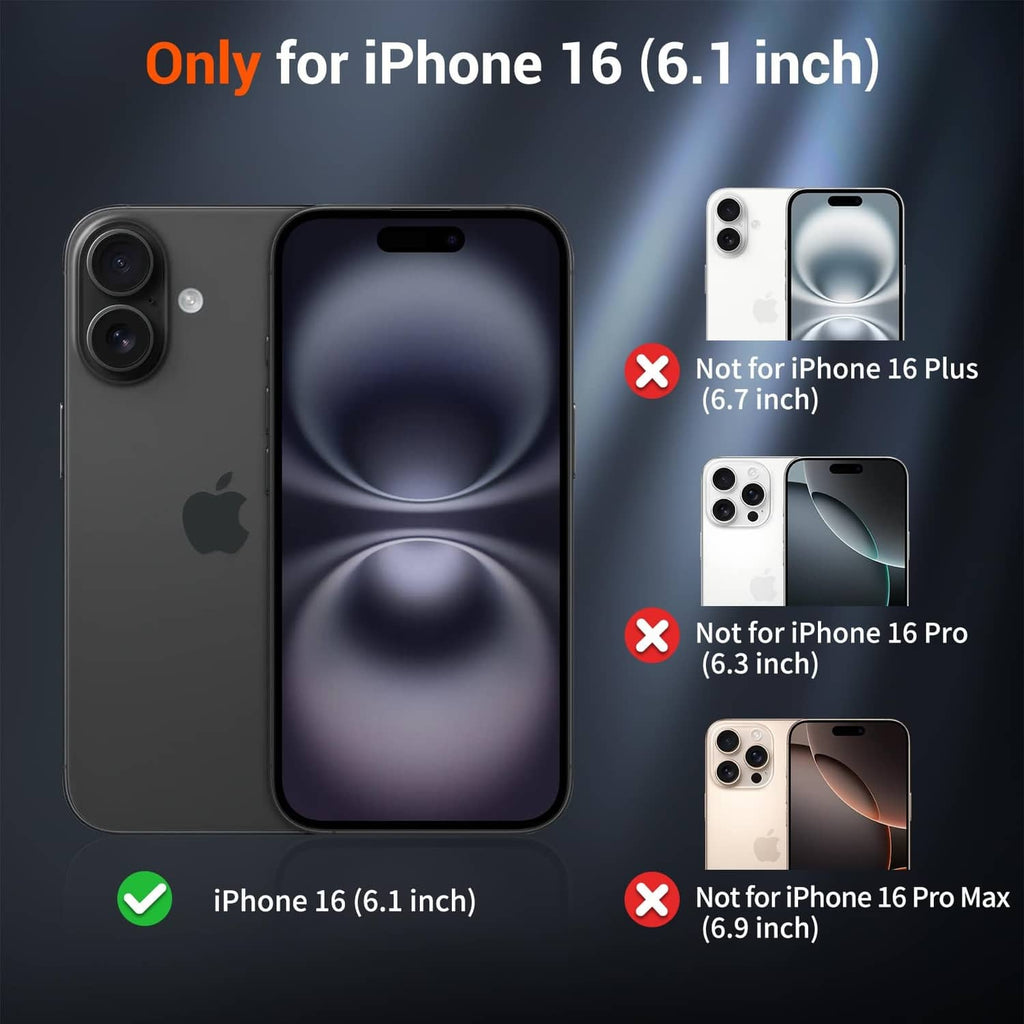 Black iPhone 16 case shown with correct sizing vs other iPhone sizes