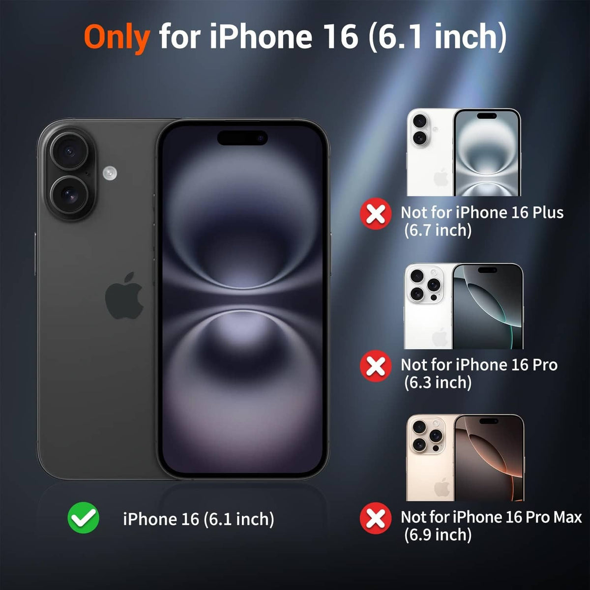 Black iPhone 16 case shown with correct sizing vs other iPhone sizes