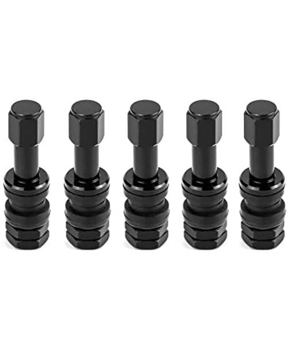 Five black clamp-in valve stems shown upright for tubeless tires