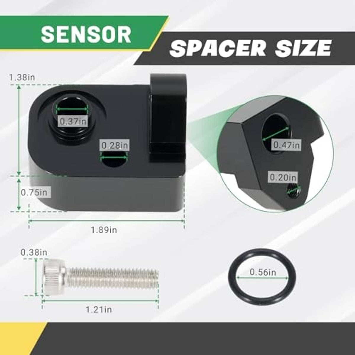 Black MAP sensor spacer kit with dimensions shown on a size scale diagram