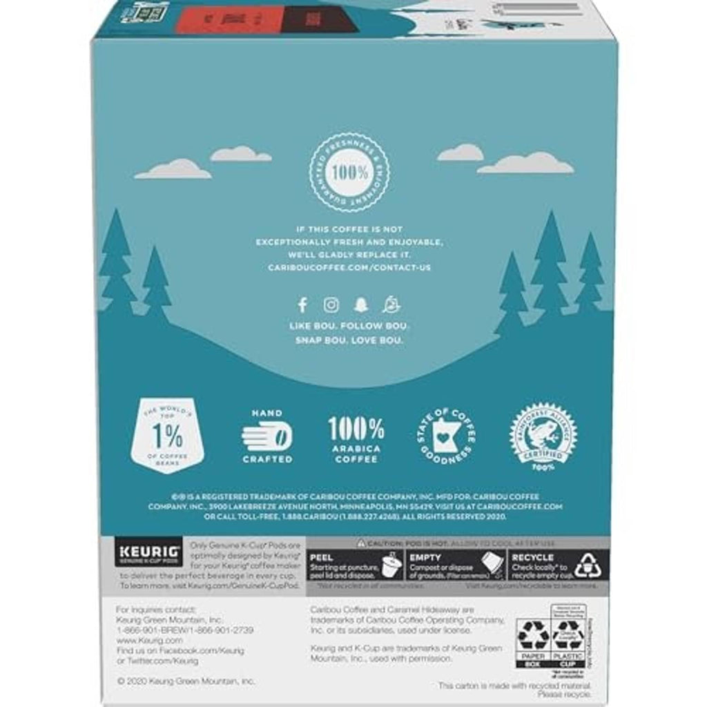 Bottom of caramel flavored K-Cup carton with 100% arabica and 1% of something notes