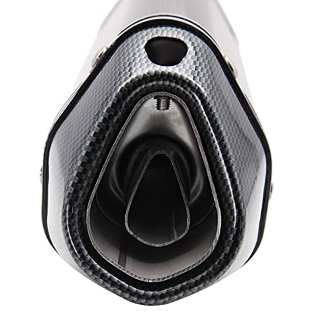 Close-up of carbon fiber-look muffler inlet with internal black outlet channel.