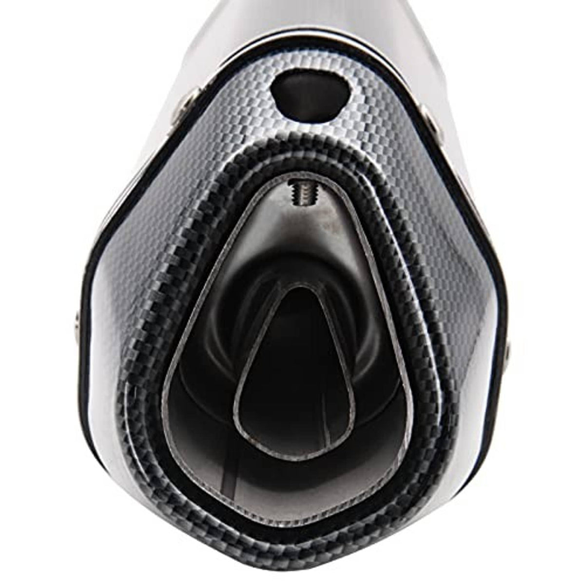 Close-up of carbon fiber-look muffler inlet with internal black outlet channel.
