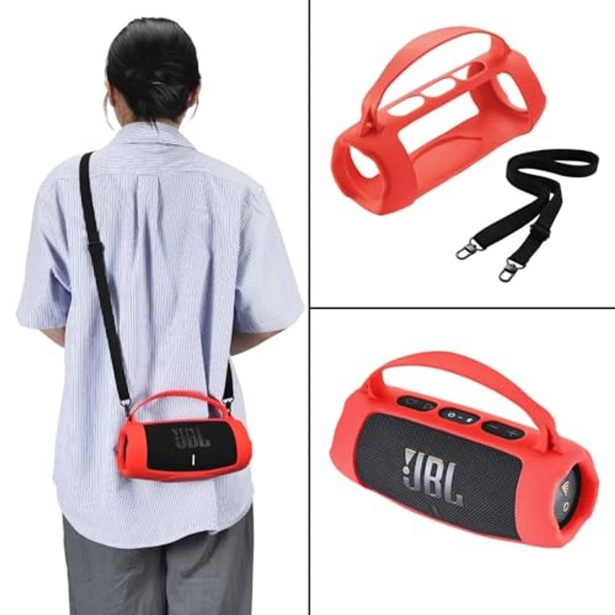 Red silicone speaker case with black crossbody strap; JBL side logo