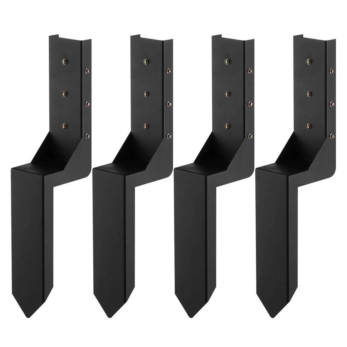 Four black fence post anchor brackets with bolt holes and pointed ground stakes