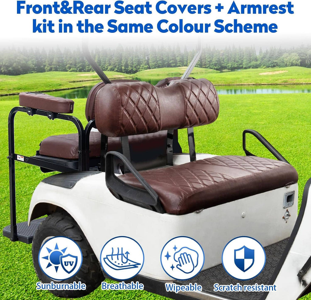 Brown quilted front and rear golf cart seat covers with armrests and cup holders