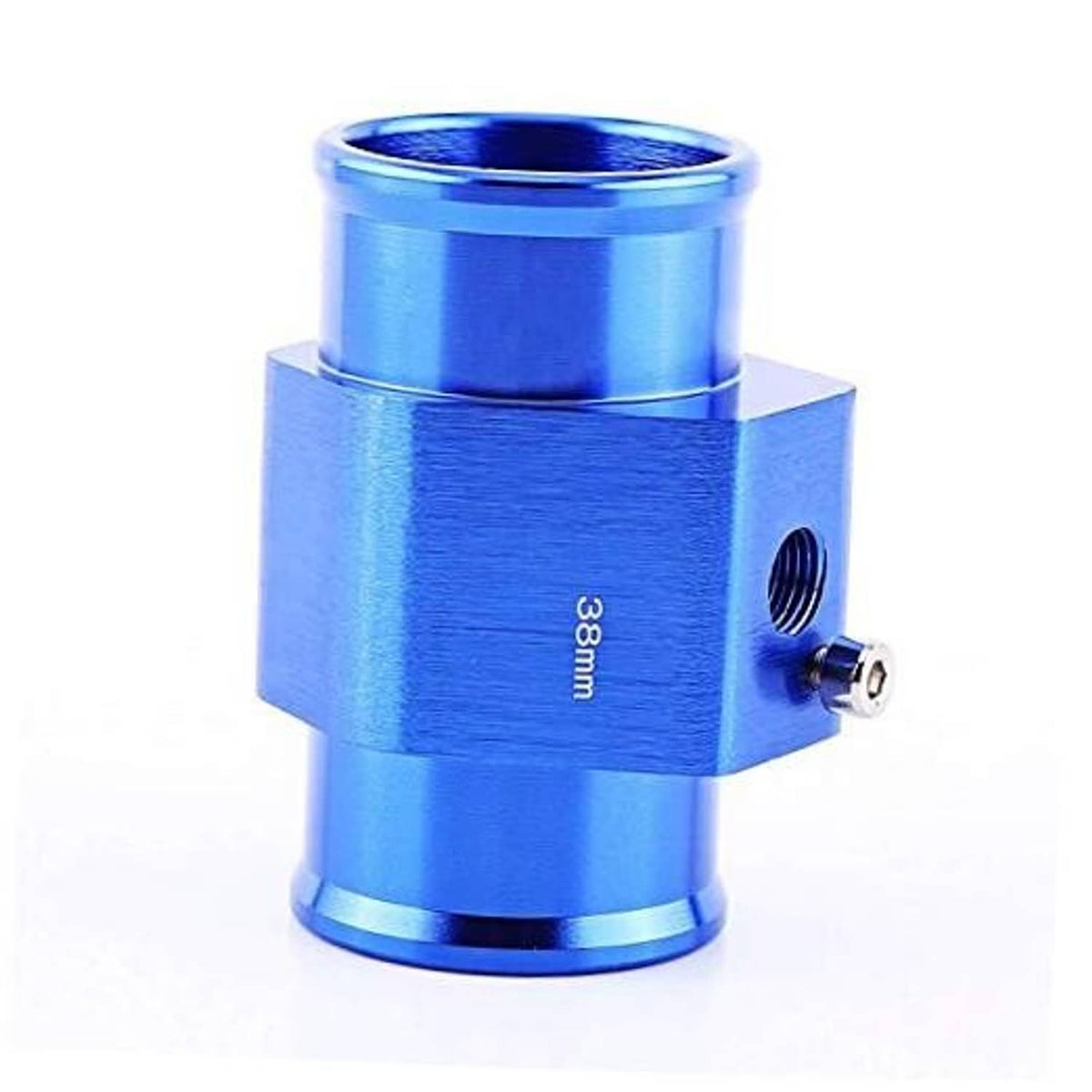 Blue anodized aluminum temperature joint pipe with threaded port and sensor outlet