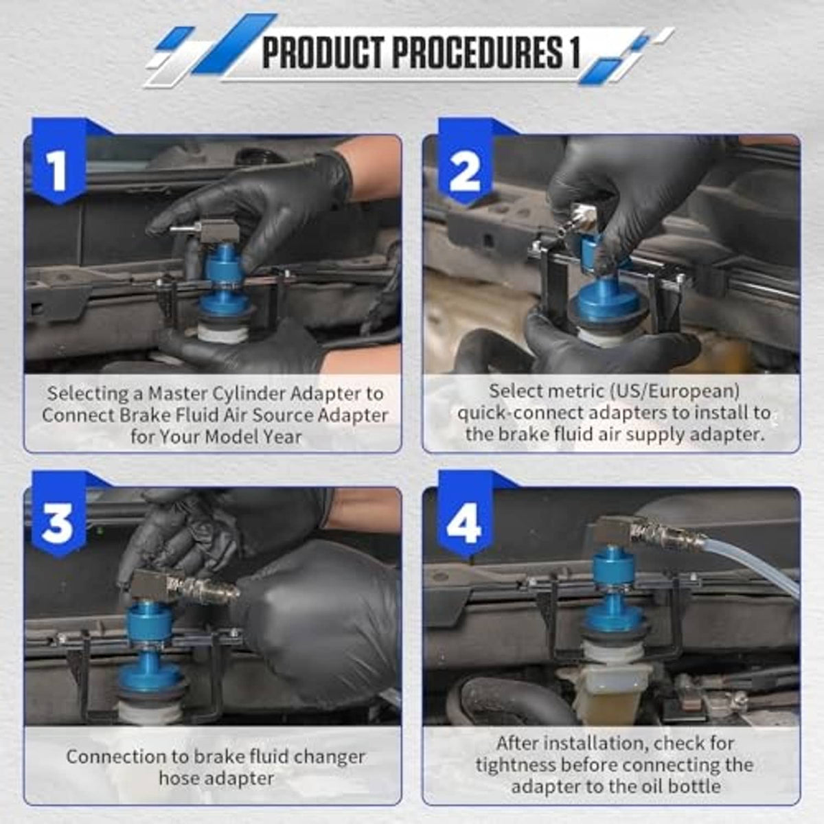 Universal brake fluid source adapter installed in engine bay with blue master cylinder cap