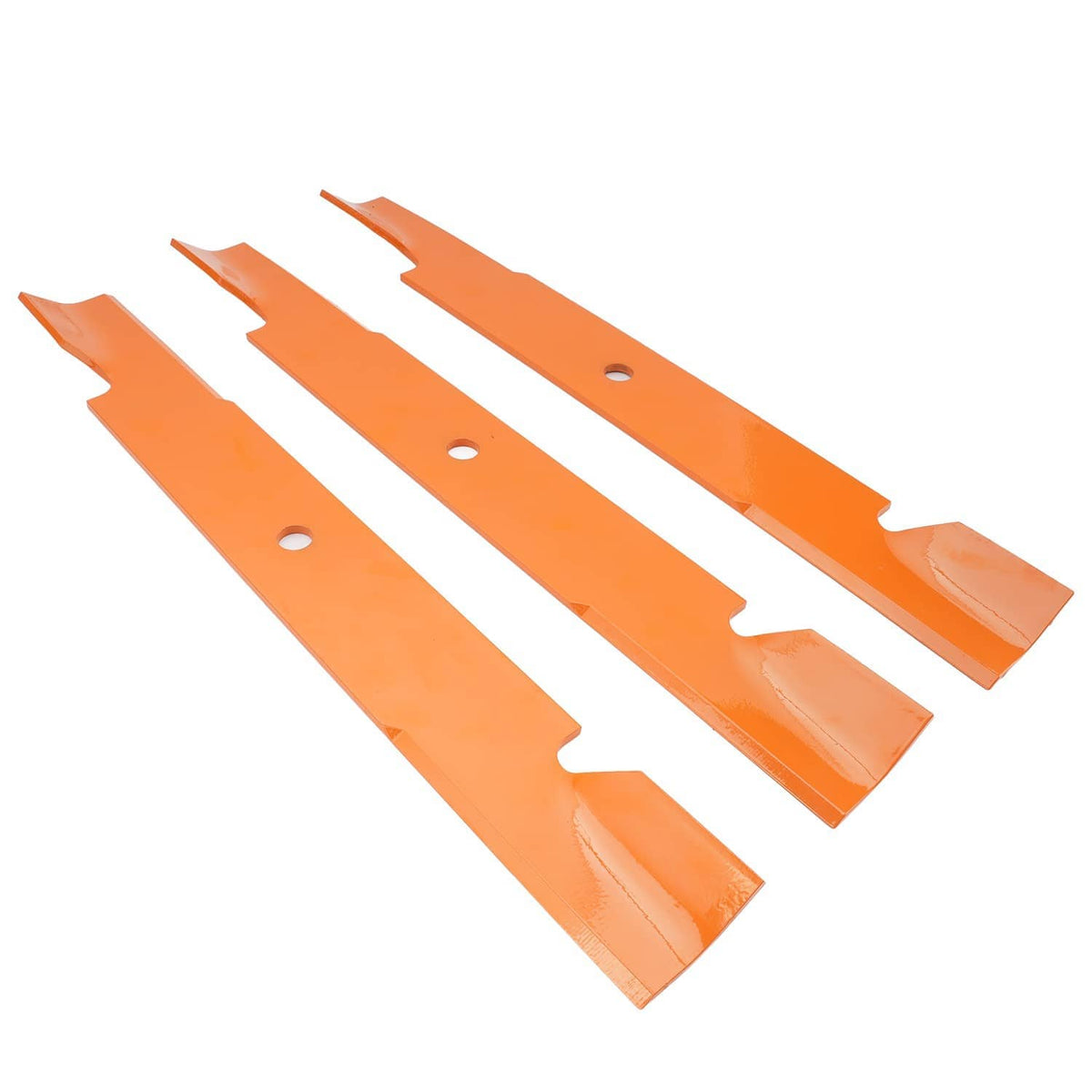 Five orange mower blades arranged in a row, each with a mounting hole