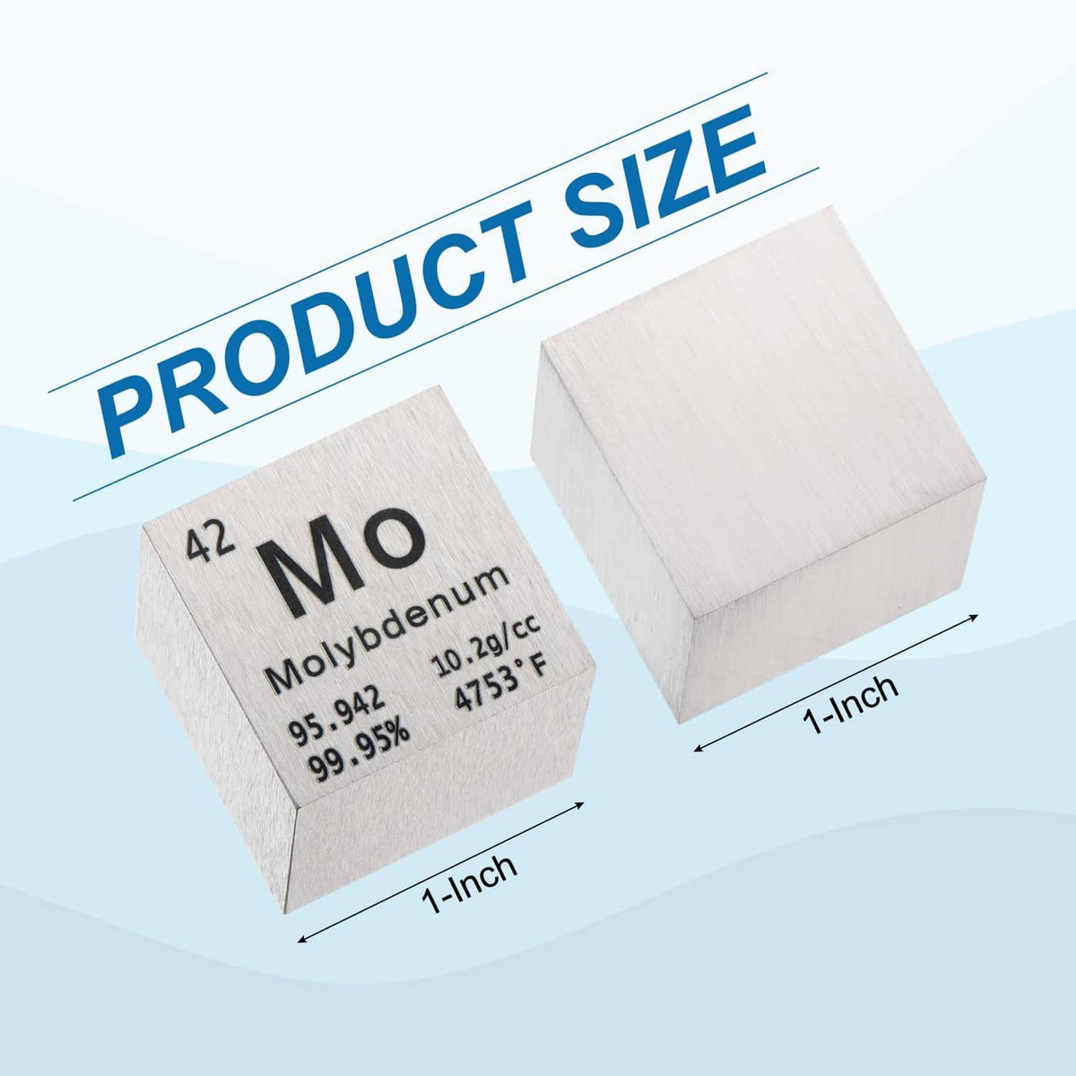 Silver molybdenum cube, 1-inch size, front shows Mo and atomic information