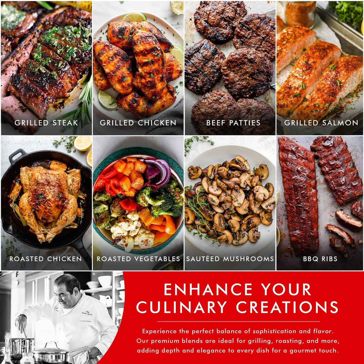 Assorted grilled meats and sides with seasoning blends in the background