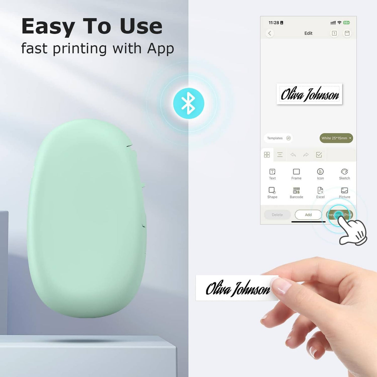 Green label maker with Bluetooth app on phone and hand placing a printed label