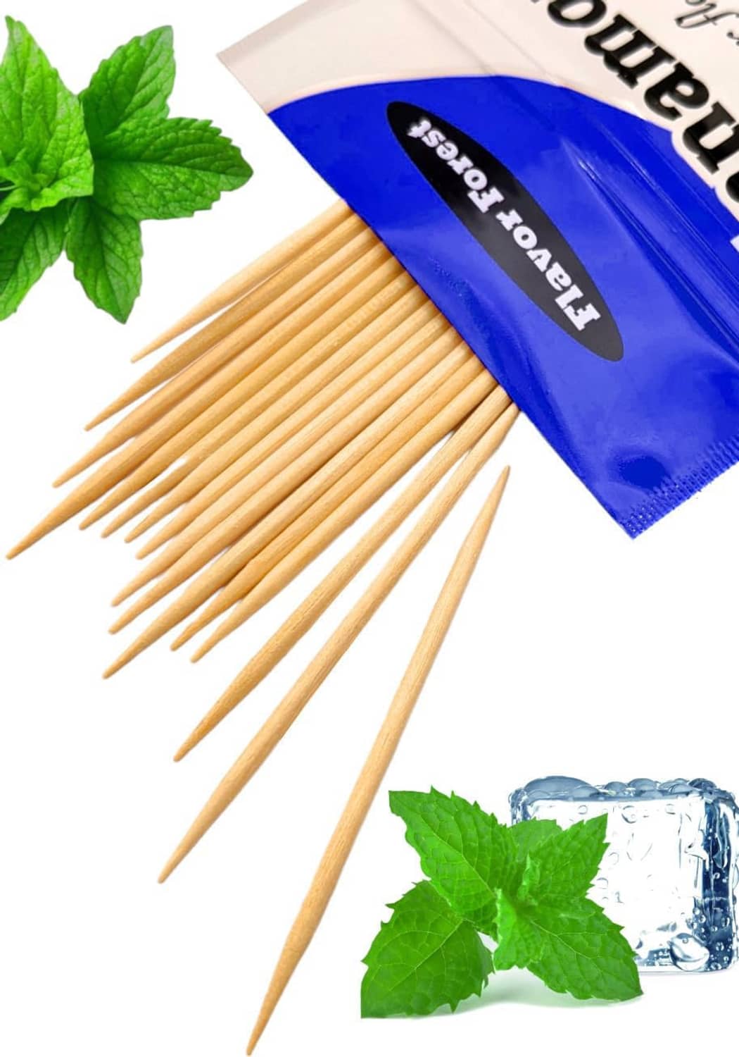 Wooden cool mint toothpicks with mint leaves, Flavor Forest pouch