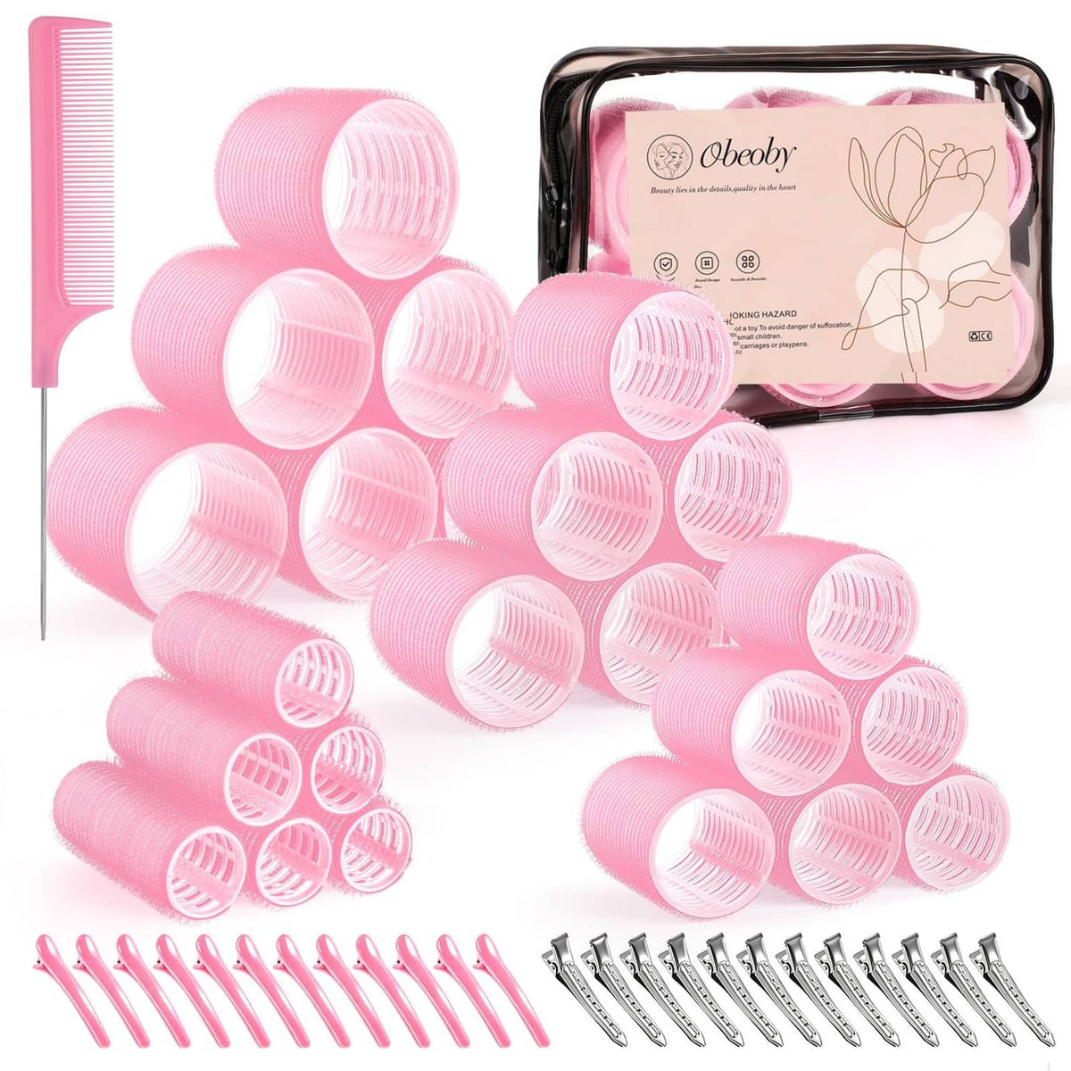 Pink self-grip hair rollers set with 50 rollers and comb clips