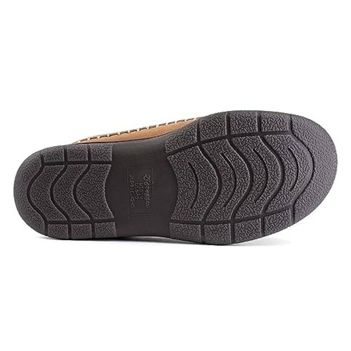 Tan moccasin slippers with dark textured rubber outsole tread pattern