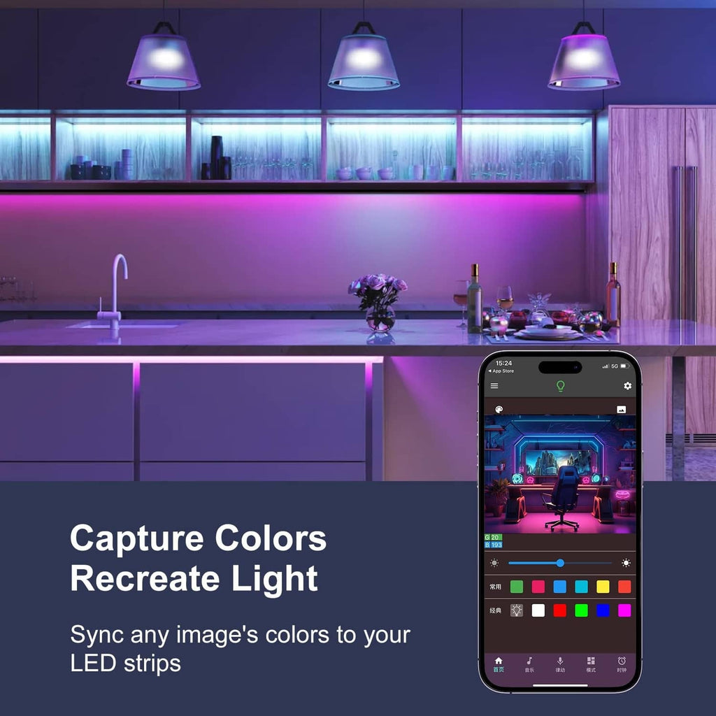RGB LED strip lights under shelf with app-controlled color glow