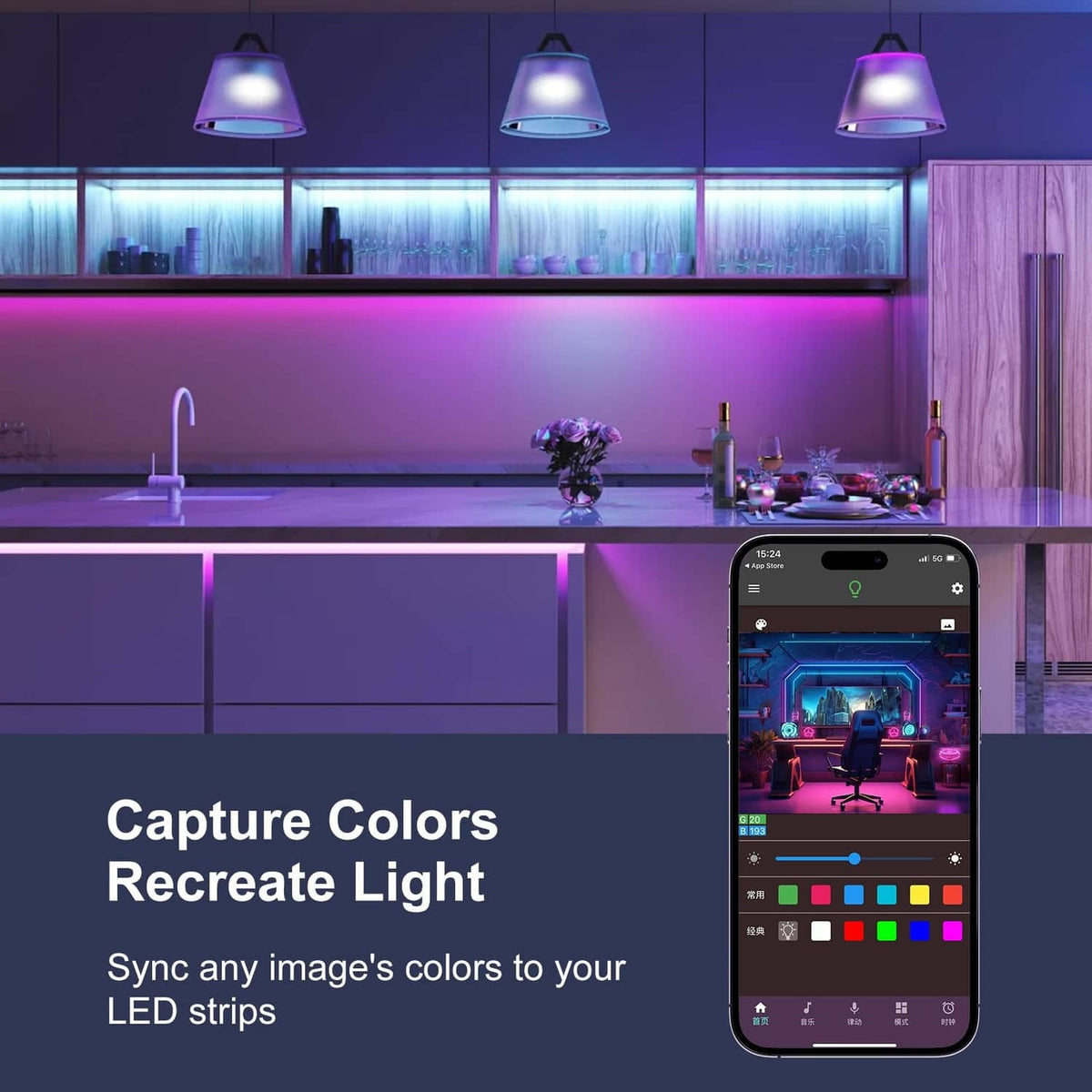 RGB LED strip lights under shelf with app-controlled color glow