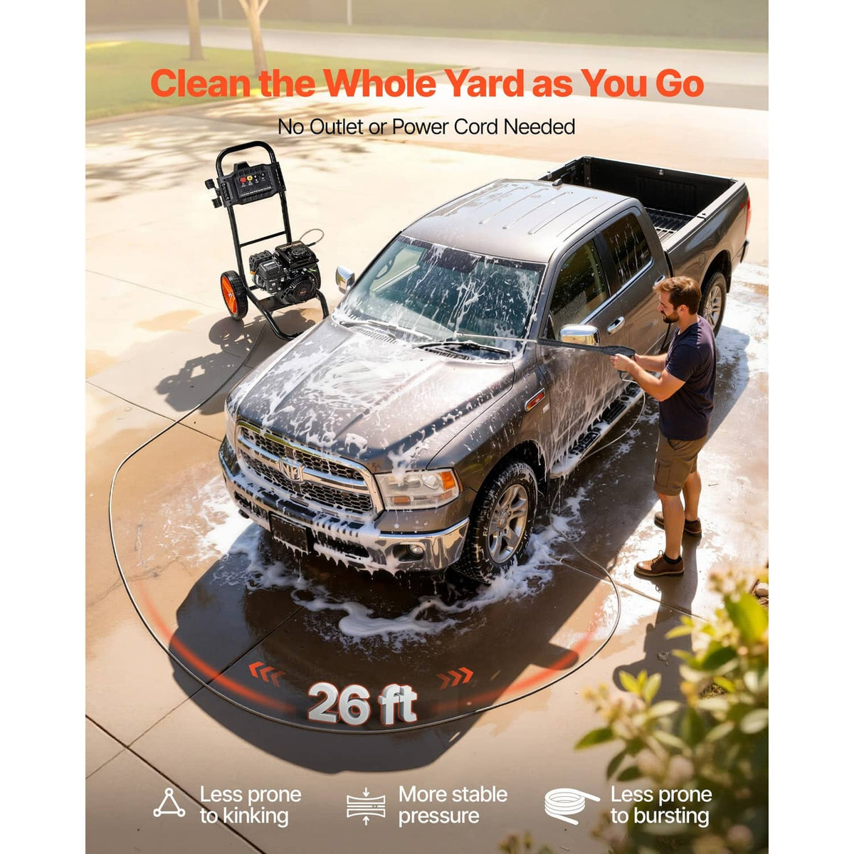 Gas pressure washer cleaning a pickup truck with water spray and foam