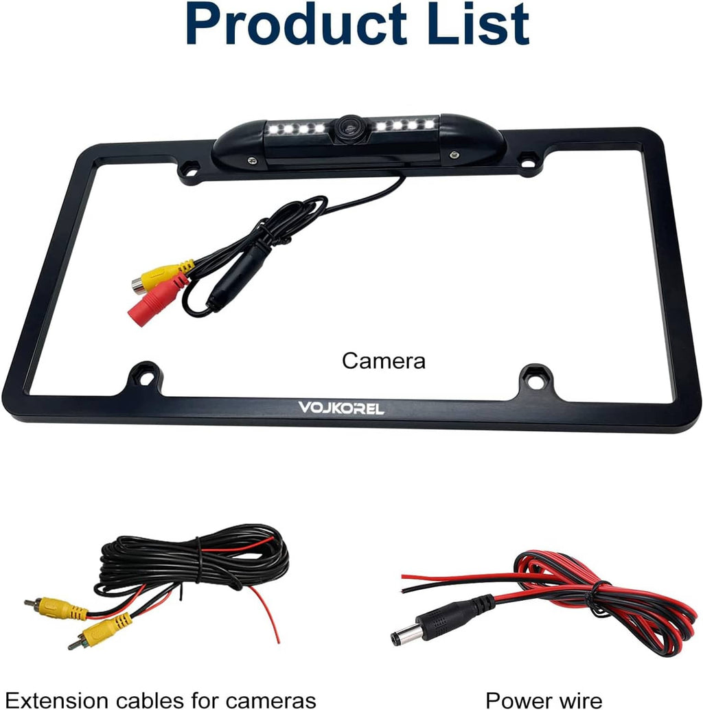 Black VOJKOREL license plate frame backup camera with extension cables and power wire
