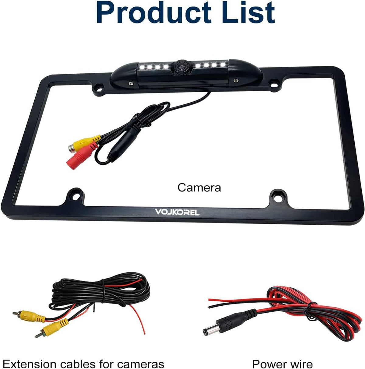 Black VOJKOREL license plate frame backup camera with extension cables and power wire