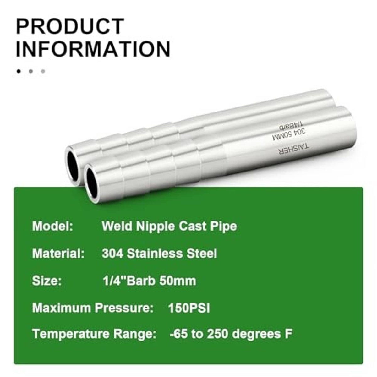 1/4 in barb stainless steel weld nipple cast pipe, 50 mm length