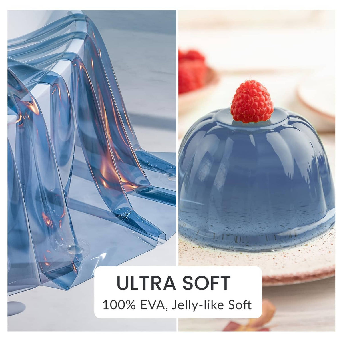 Blue EVA shower curtain with glossy jelly-like texture and smooth draped folds.