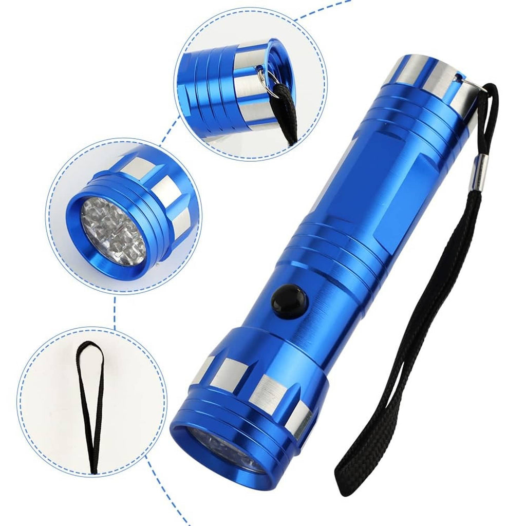 Blue UV leak detector flashlight with strap, showing closeups of lens and buttons