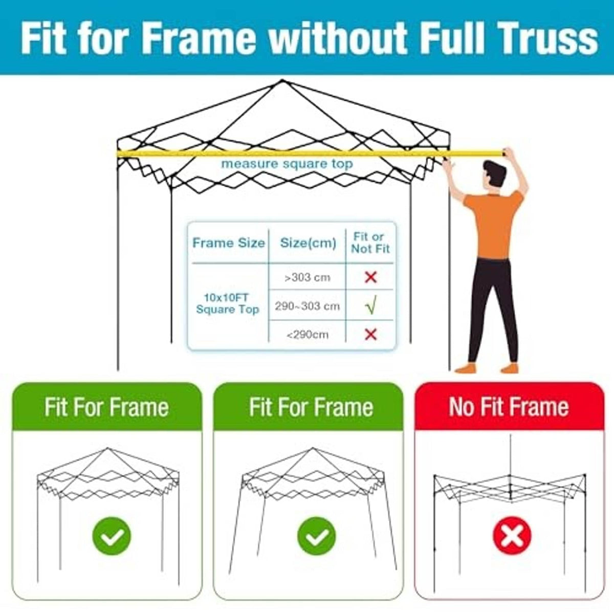 Canopy replacement top cover fit chart for frame without full truss