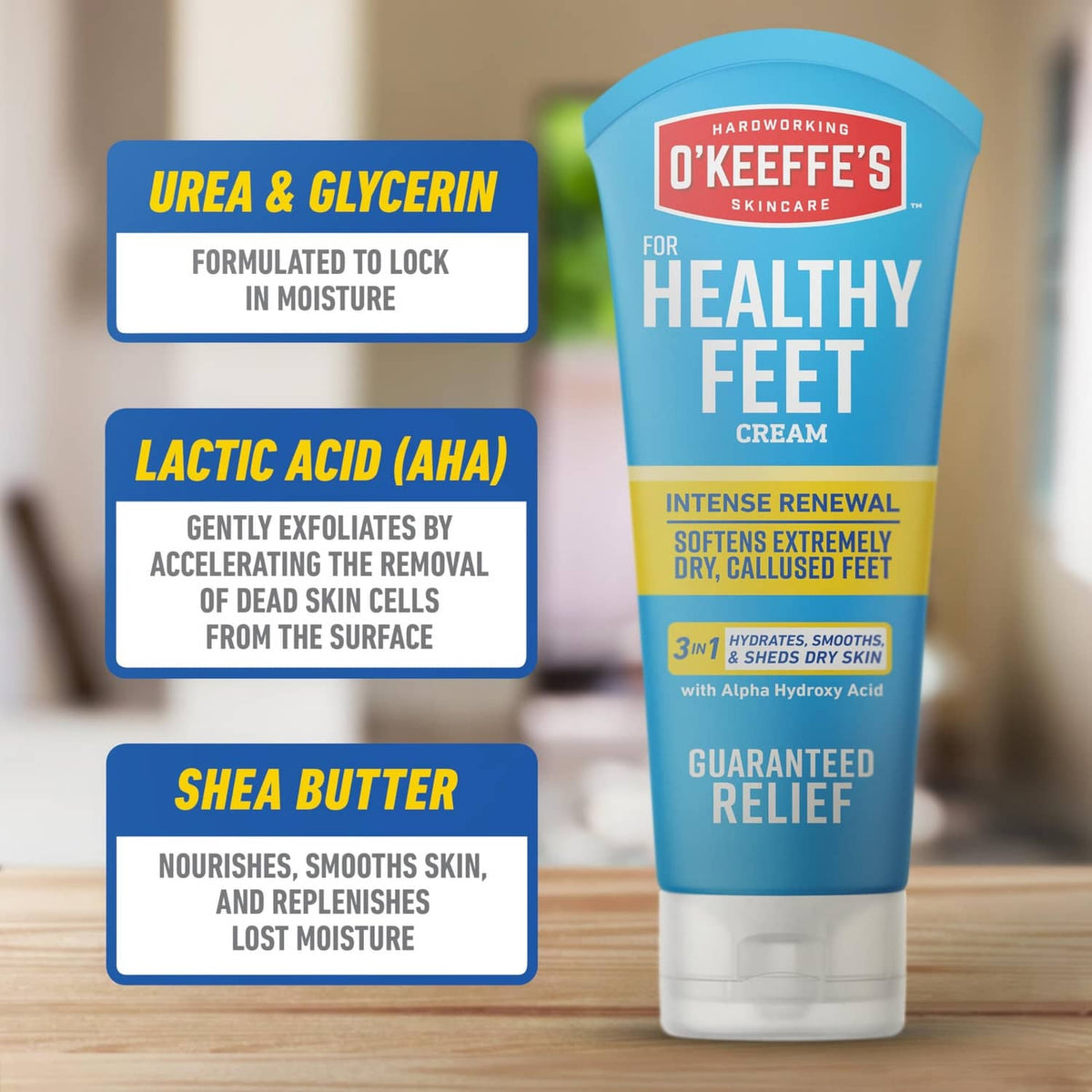 O’Keeffe’s Healthy Feet cream tube with urea and glycerin, lactic acid, and shea butter