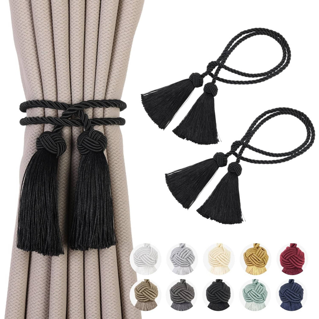 Set of 2 black curtain tiebacks with braided cords and tassel end loops