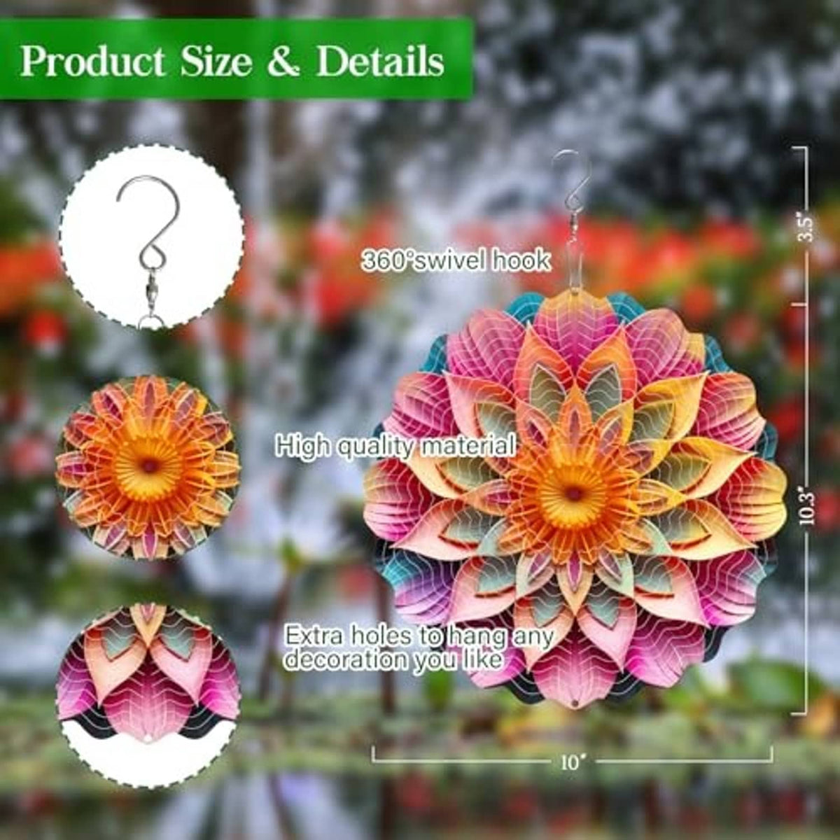 Metal mandala wind spinner with 360 swivel hook, shown with size details