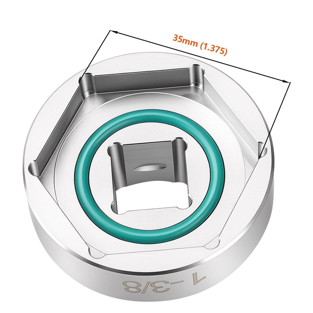 Silver 1-3/8 in fork cap nut socket with teal O-ring, 35mm measurement