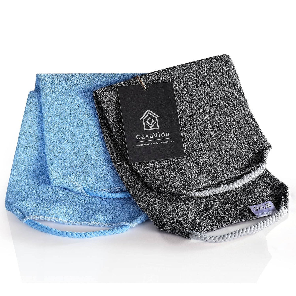 Set of blue and dark gray exfoliating back scrubber towels with Casavida tag