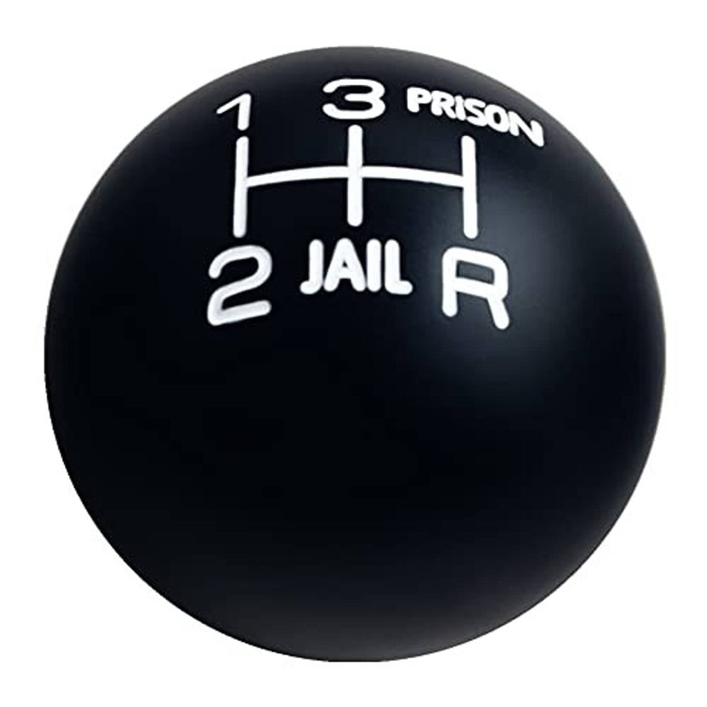 Round black gear shift knob with white 1-3, PRISON, and JAIL/R markings