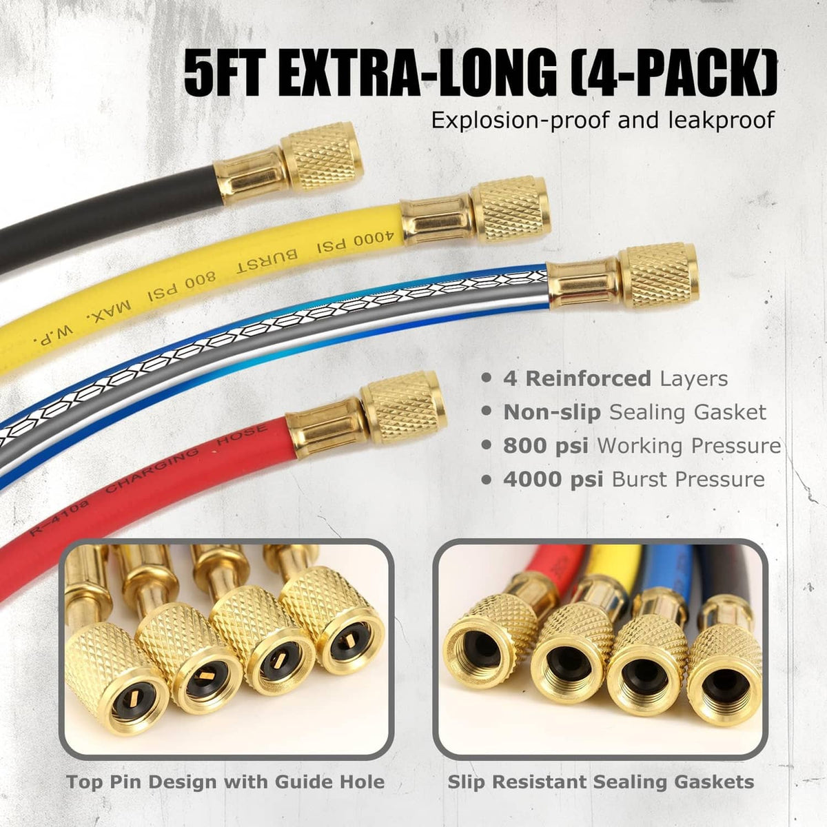 Extra-long AC hoses with brass fittings and protective tips for manifold gauge set