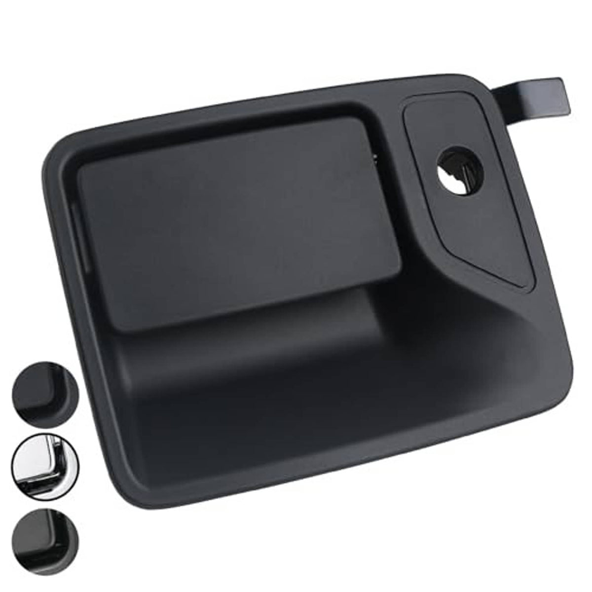 Textured black exterior door handle with recessed grip and keyhole cover on corner