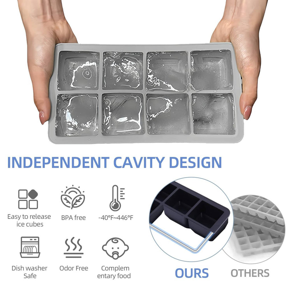 Gray silicone ice cube tray with 8 square cavities, shown from below