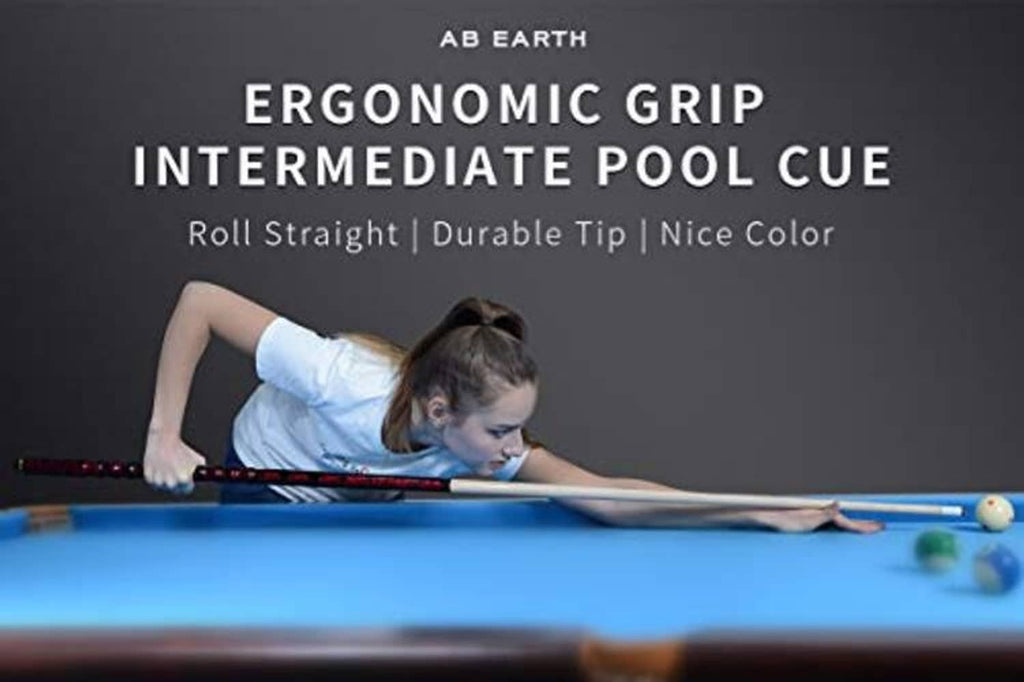 Ergonomic grip intermediate pool cue resting on a pool table.