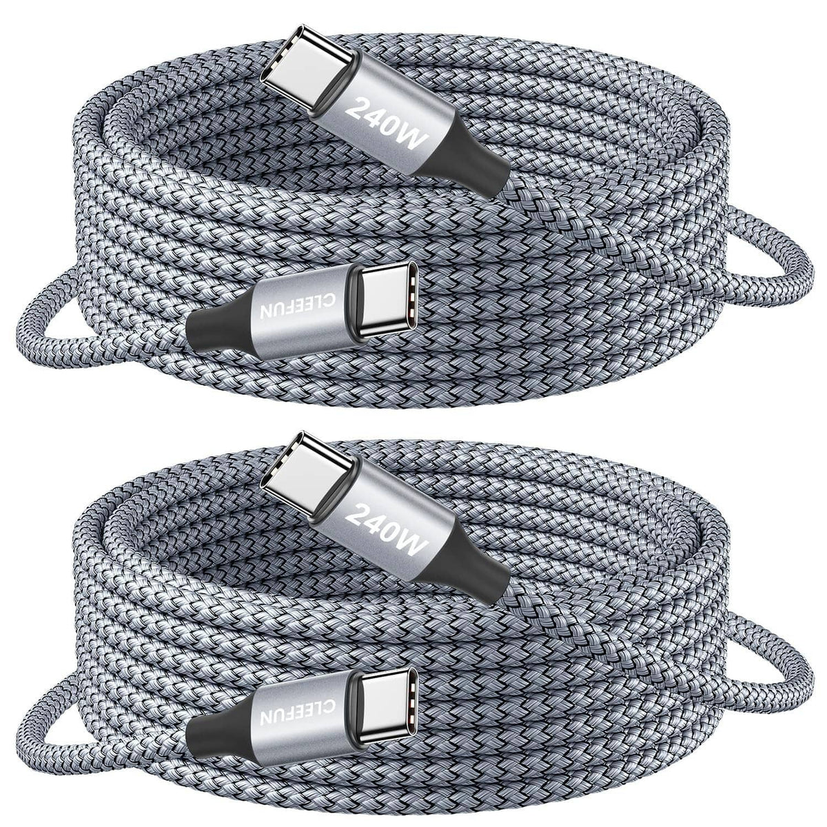 240W USB-C to C charging cables, braided grey set of 2 with USB-C connectors
