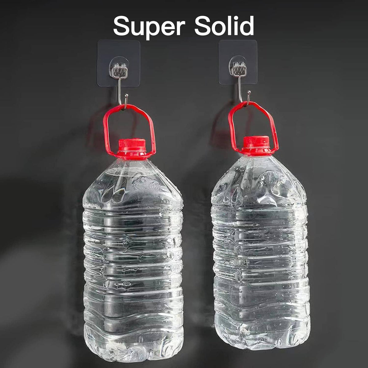 Stainless steel wall hook holding a clear water bottle with red handle loop