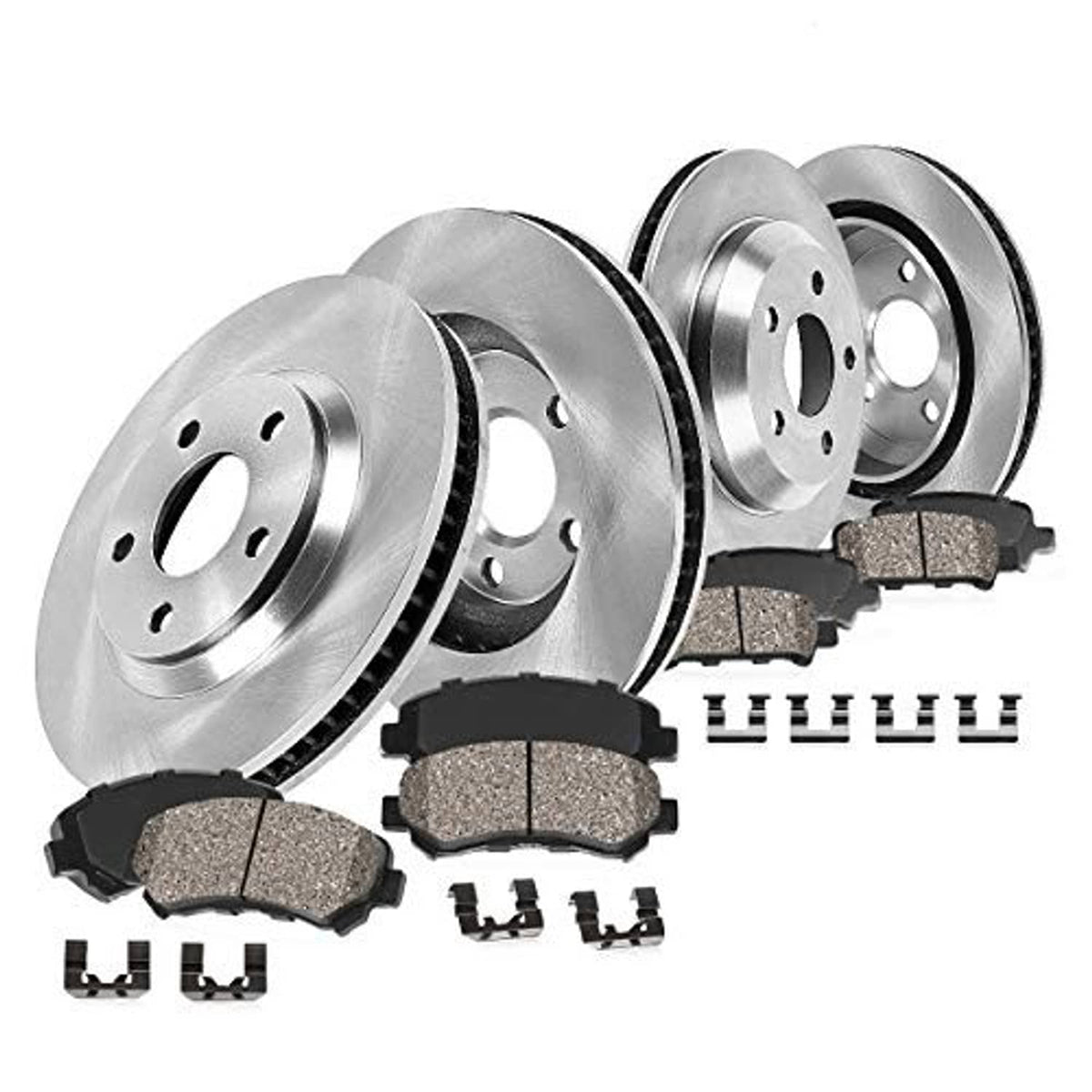 Brake kit rotors with brake pads and mounting clips, angled view, Callahan