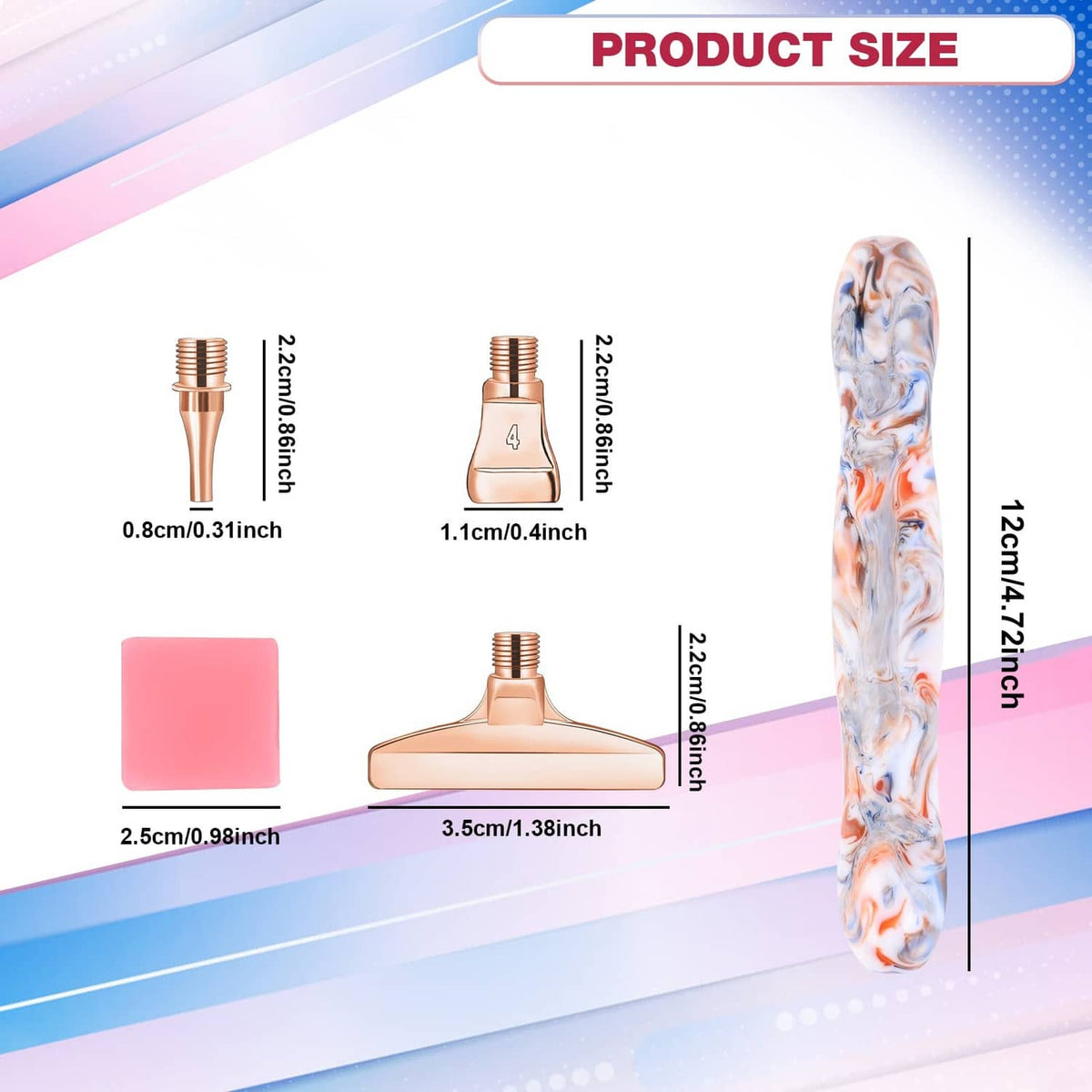 Diamond painting pen with swirled resin body and rose-gold threaded tip, plus pink pad