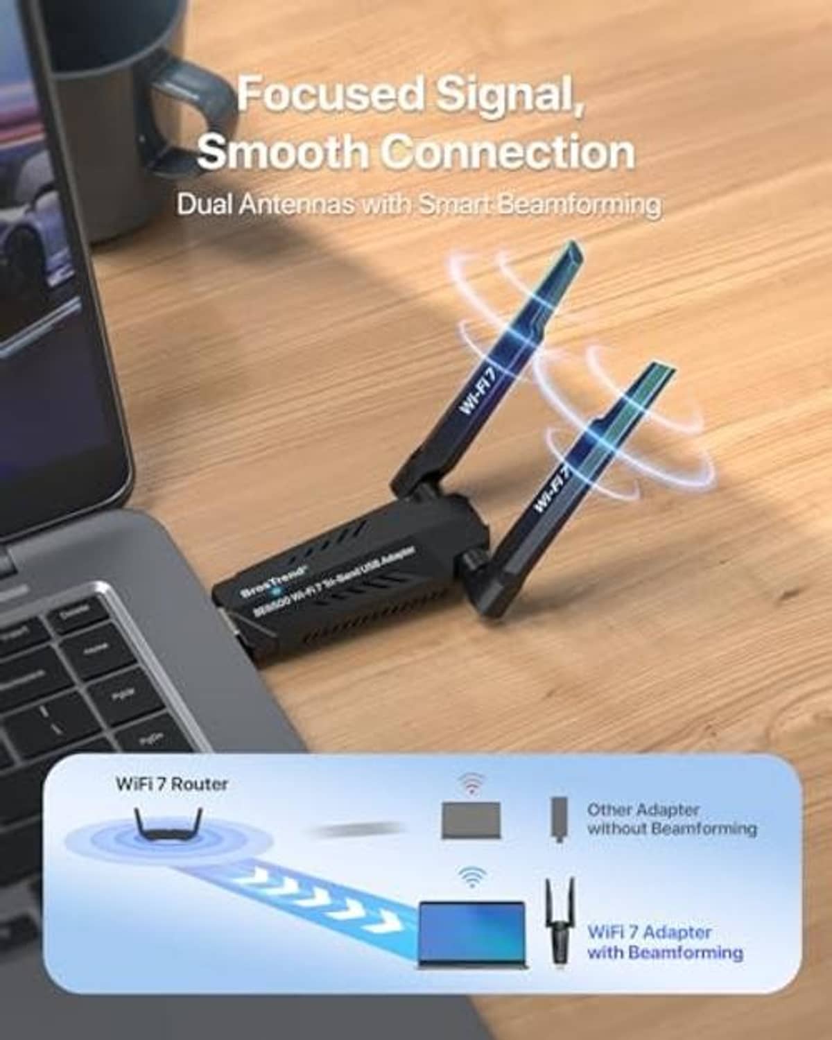 USB WiFi adapter with dual antennas, beam signal lines near a laptop.