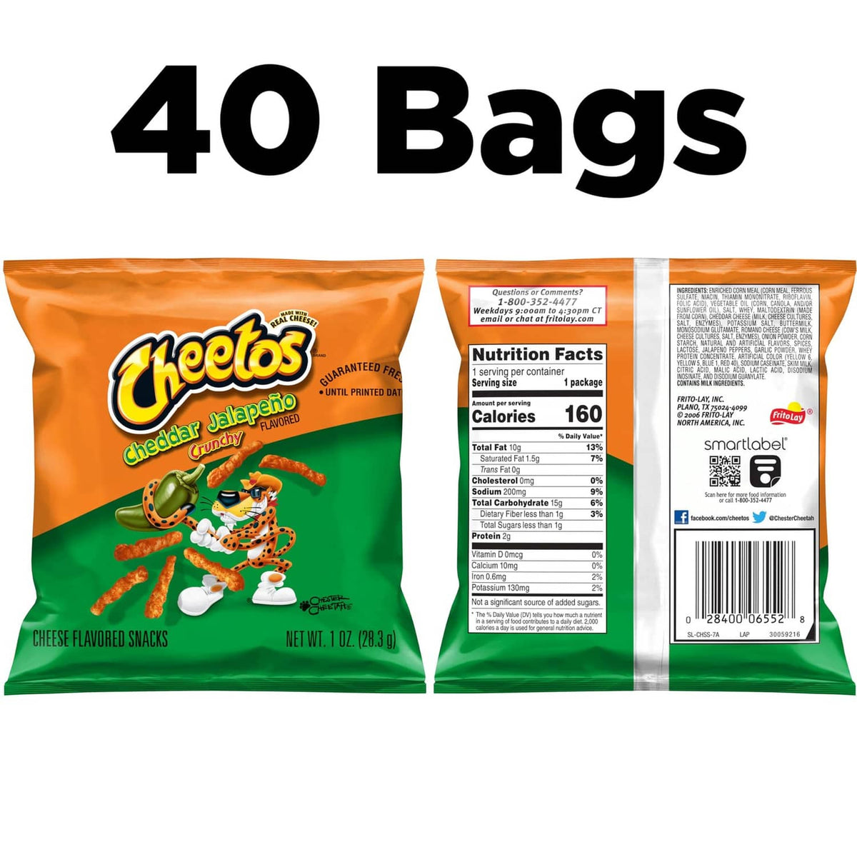 Cheddar jalapeno crunchy cheese snack bags with nutrition facts panel, 40 bags